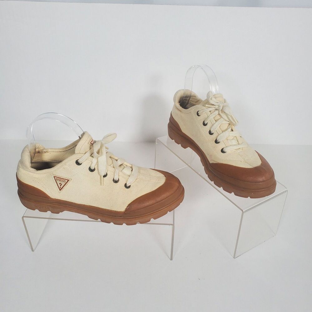 VTG Guess Sneakers Women's Size 6 Ivory Brown Flatrock Low Canvas Logo 90s Y2K